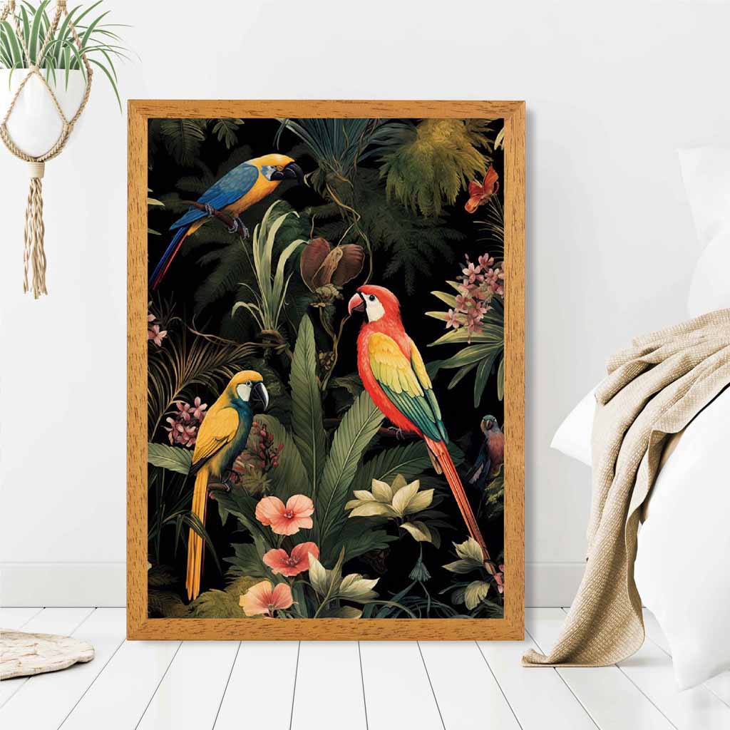 Vintage Illustration Red, Blue Tropical Birds  Art Print | Wall Art Plaza UK