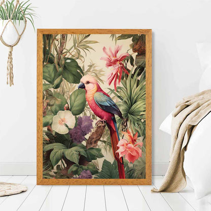 Modern Illustration Green, Pink Jungle Parrot  Art Print | Wall Art Plaza UK