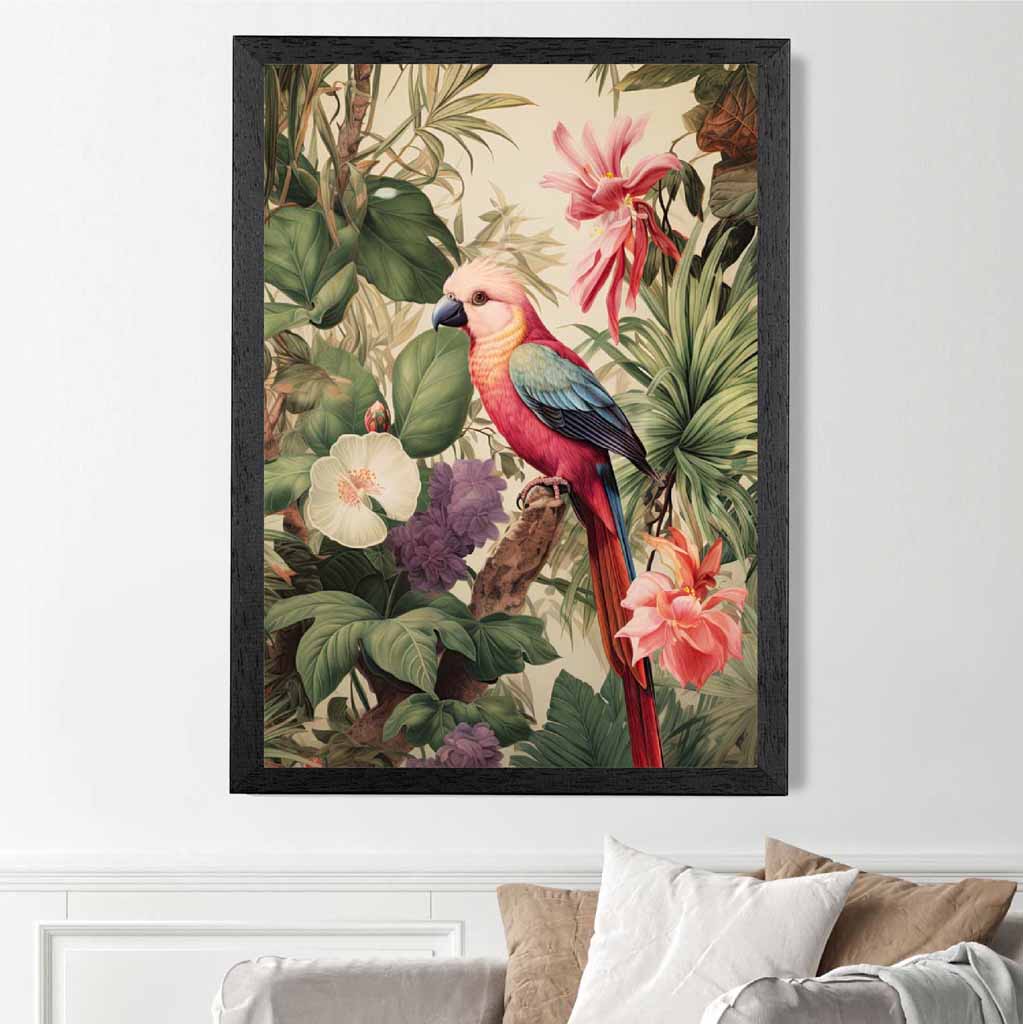 Modern Illustration Green, Pink Jungle Parrot  Art Print | Wall Art Plaza UK