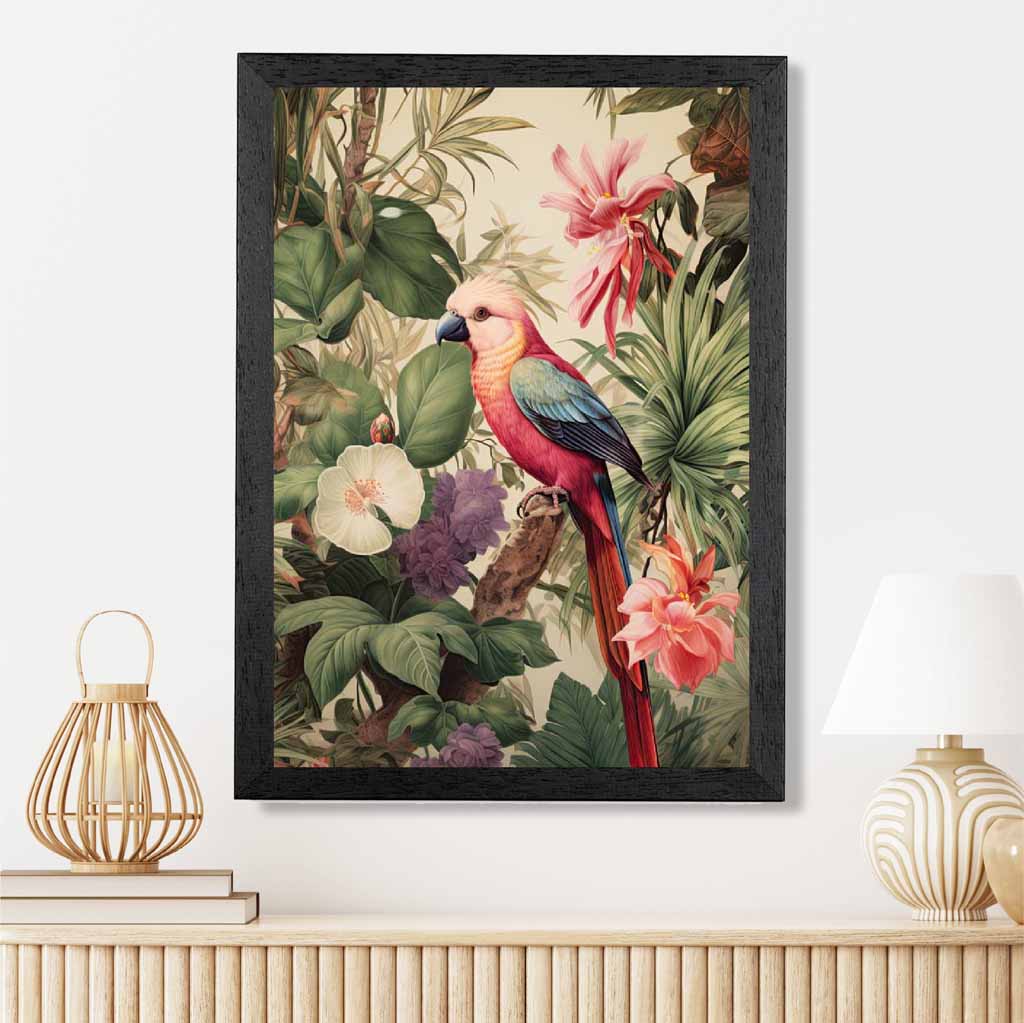 Modern Illustration Green, Pink Jungle Parrot  Art Print | Wall Art Plaza UK