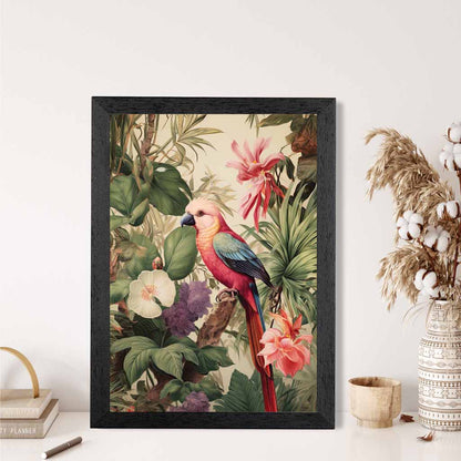 Modern Illustration Green, Pink Jungle Parrot  Art Print | Wall Art Plaza UK