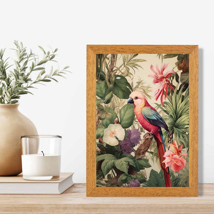 Modern Illustration Green, Pink Jungle Parrot  Art Print | Wall Art Plaza UK