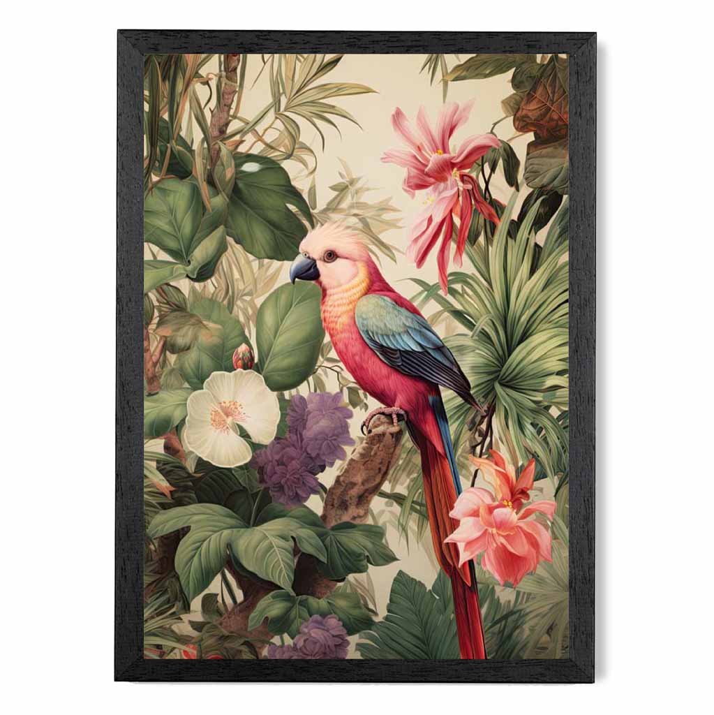 Modern Illustration Green, Pink Jungle Parrot  Art Print | Wall Art Plaza UK