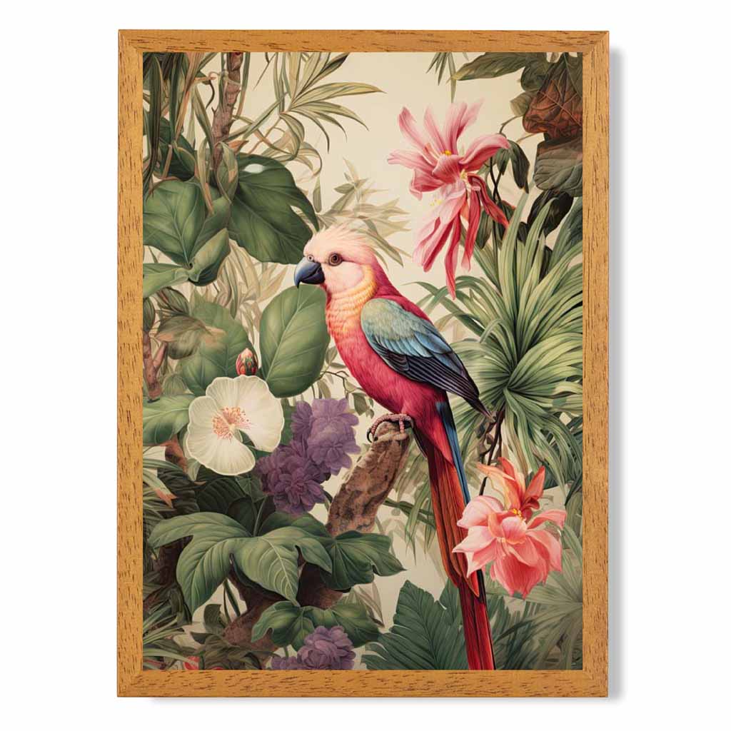 Modern Illustration Green, Pink Jungle Parrot  Art Print | Wall Art Plaza UK