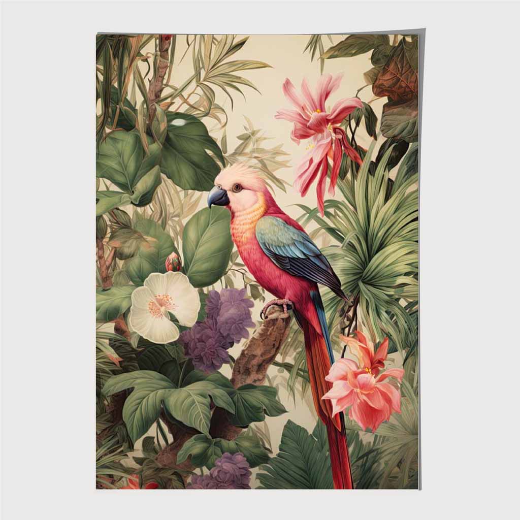 Modern Illustration Green, Pink Jungle Parrot  Art Print | Wall Art Plaza UK