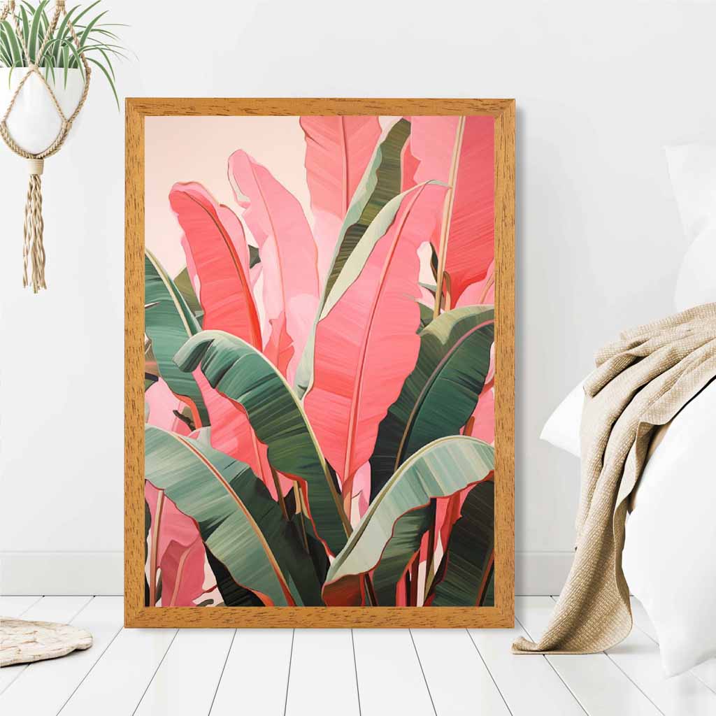 Modern Illustration Pink, Green Jungle Leaves  Art Print | Wall Art Plaza UK