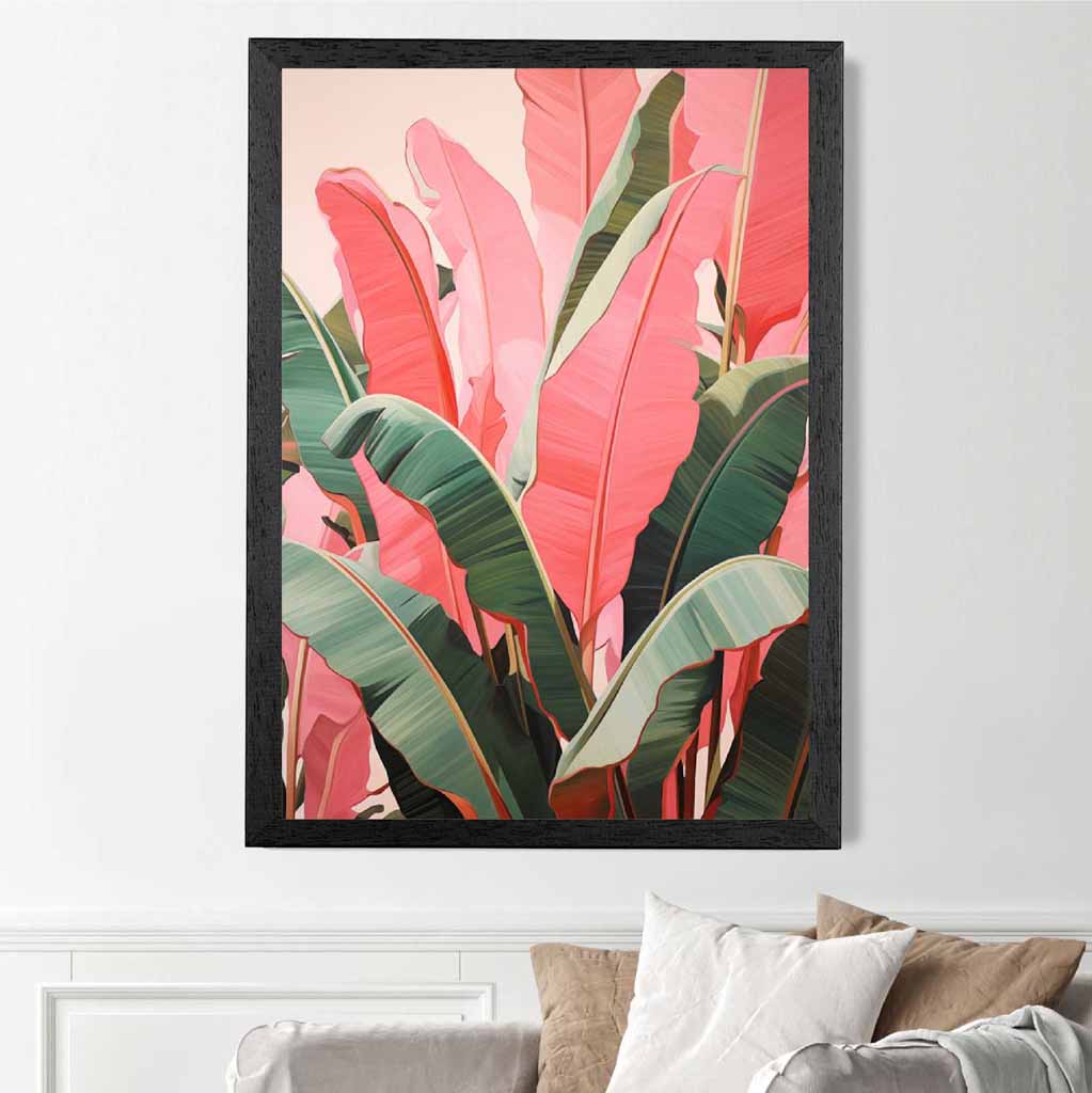 Modern Illustration Pink, Green Jungle Leaves  Art Print | Wall Art Plaza UK