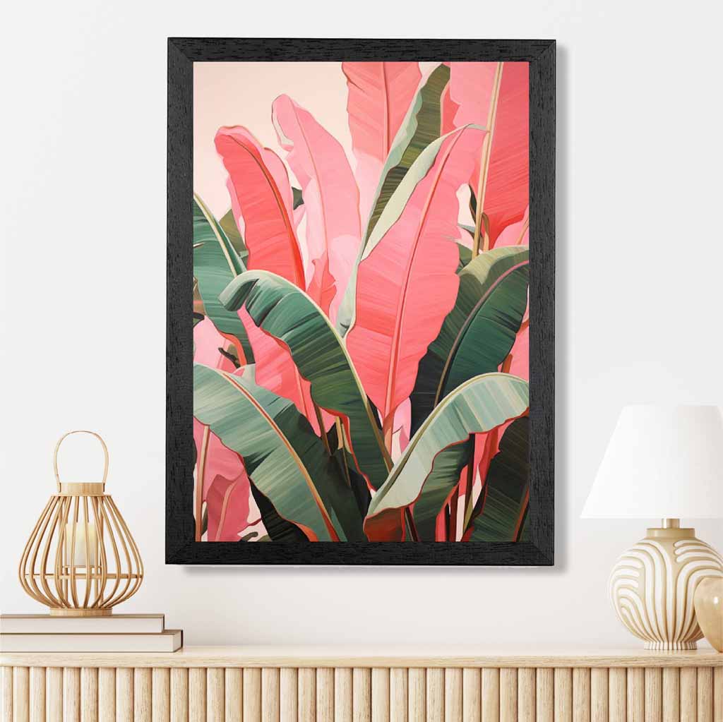 Modern Illustration Pink, Green Jungle Leaves  Art Print | Wall Art Plaza UK