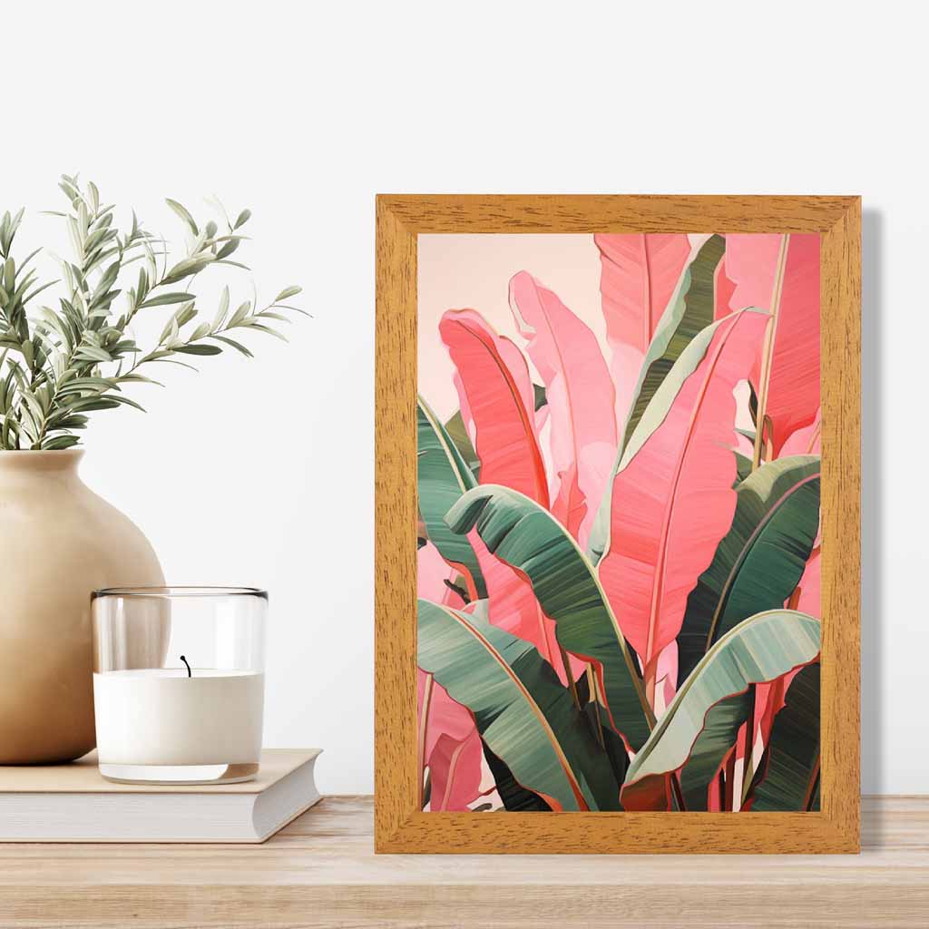 Modern Illustration Pink, Green Jungle Leaves  Art Print | Wall Art Plaza UK