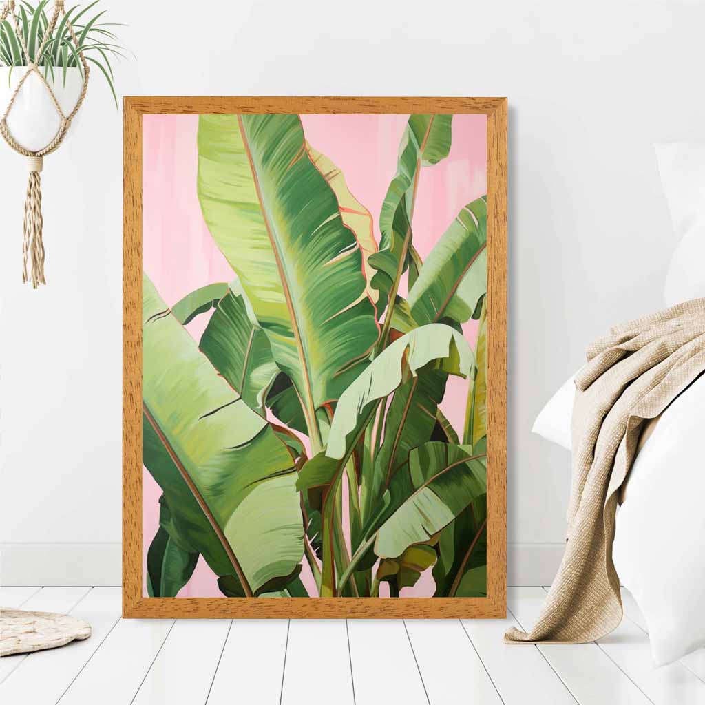 Modern Illustration Green, Pink Jungle Leaves  Art Print | Wall Art Plaza UK