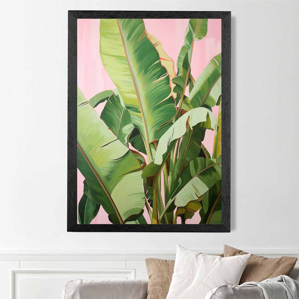 Modern Illustration Green, Pink Jungle Leaves  Art Print | Wall Art Plaza UK