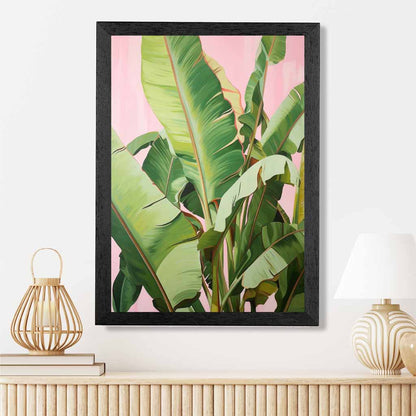 Modern Illustration Green, Pink Jungle Leaves  Art Print | Wall Art Plaza UK