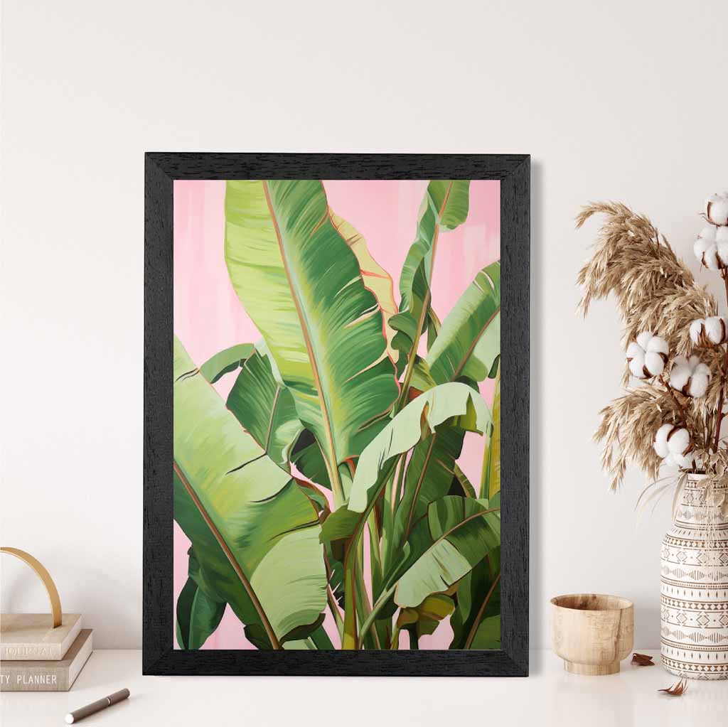 Modern Illustration Green, Pink Jungle Leaves  Art Print | Wall Art Plaza UK