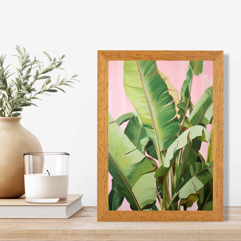 Modern Illustration Green, Pink Jungle Leaves  Art Print | Wall Art Plaza UK