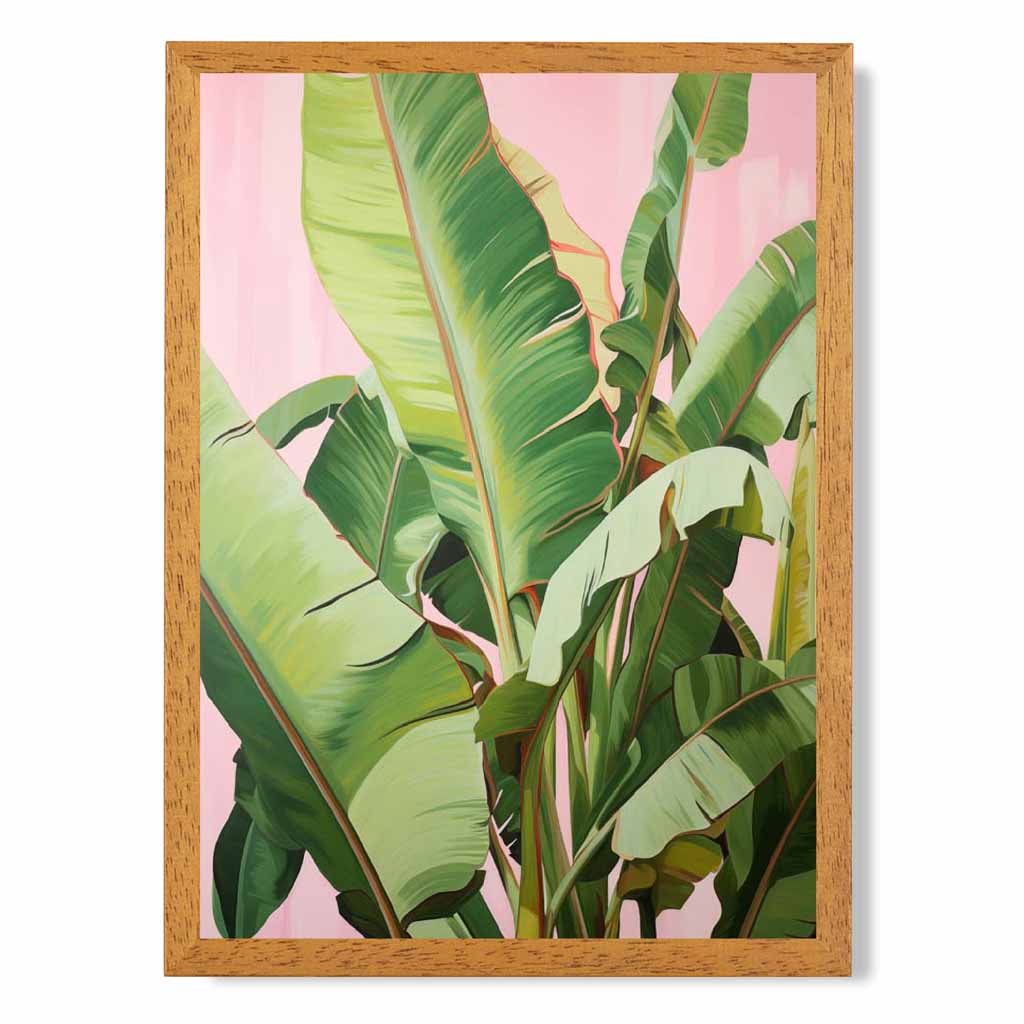 Modern Illustration Green, Pink Jungle Leaves  Art Print | Wall Art Plaza UK