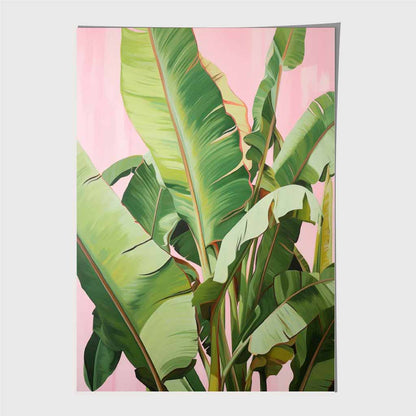 Modern Illustration Green, Pink Jungle Leaves  Art Print | Wall Art Plaza UK