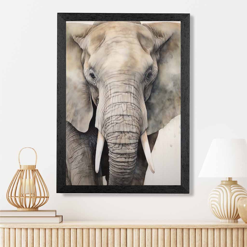 Modern Illustration Grey, Beige Elephant  Art Print | Wall Art Plaza UK