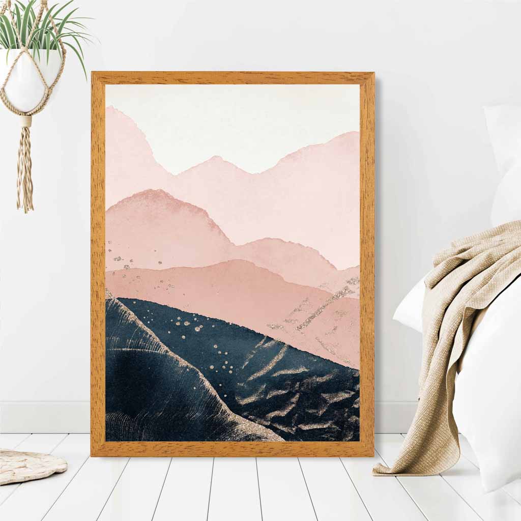 Abstract Painted Blue, Blush Pink Mountains No 1 Art Print | Wall Art Plaza