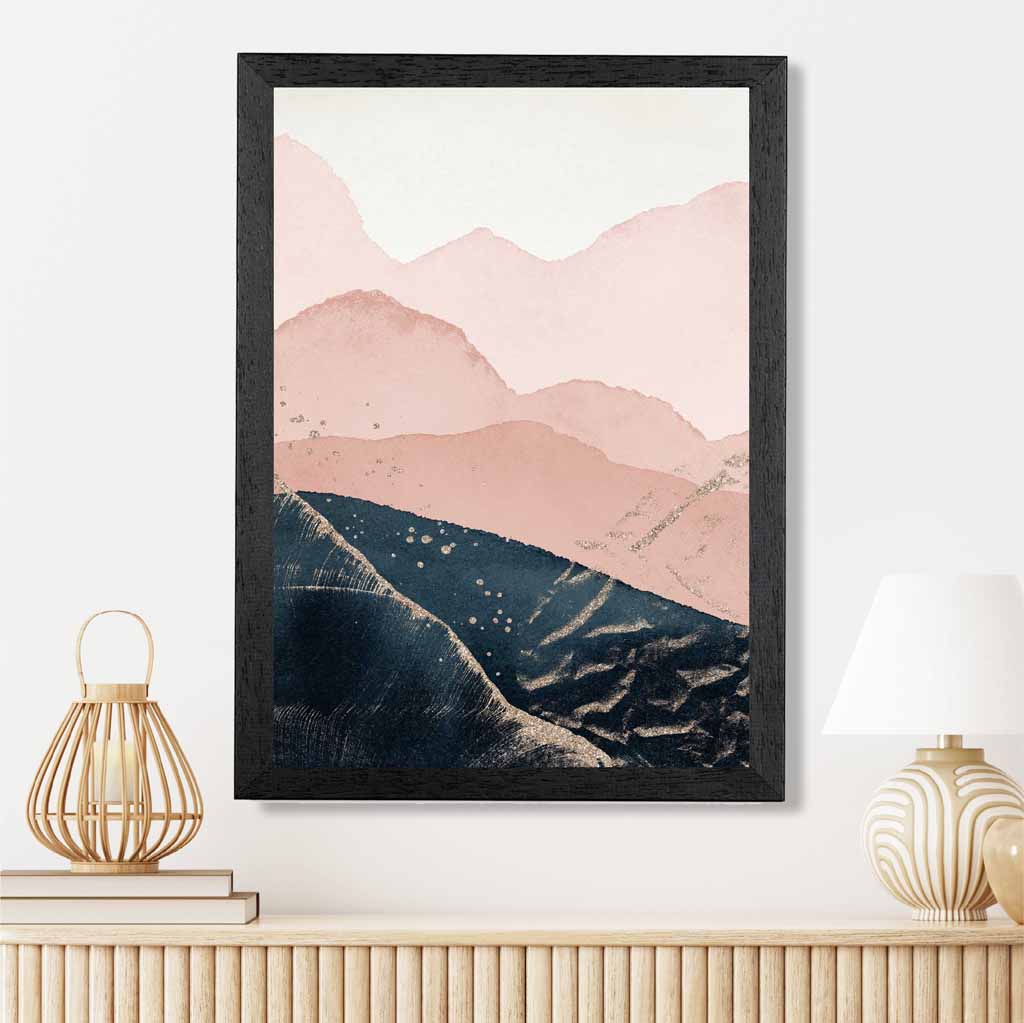 Abstract Painted Blue, Blush Pink Mountains No 1 Art Print | Wall Art Plaza