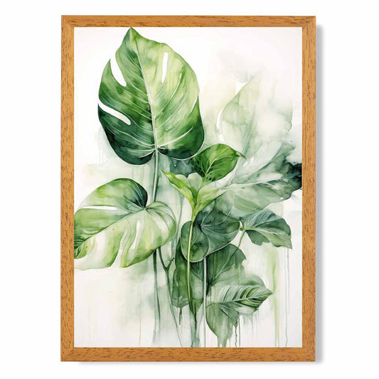 Abstract Painted Green, Beige Monstera Leaves No 1  Art Print | Wall Art Plaza UK