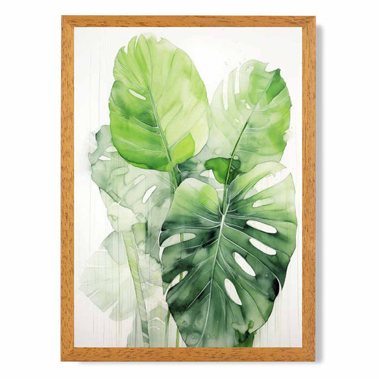 Abstract Painted Green, Beige Monstera Leaves No 2  Art Print | Wall Art Plaza UK