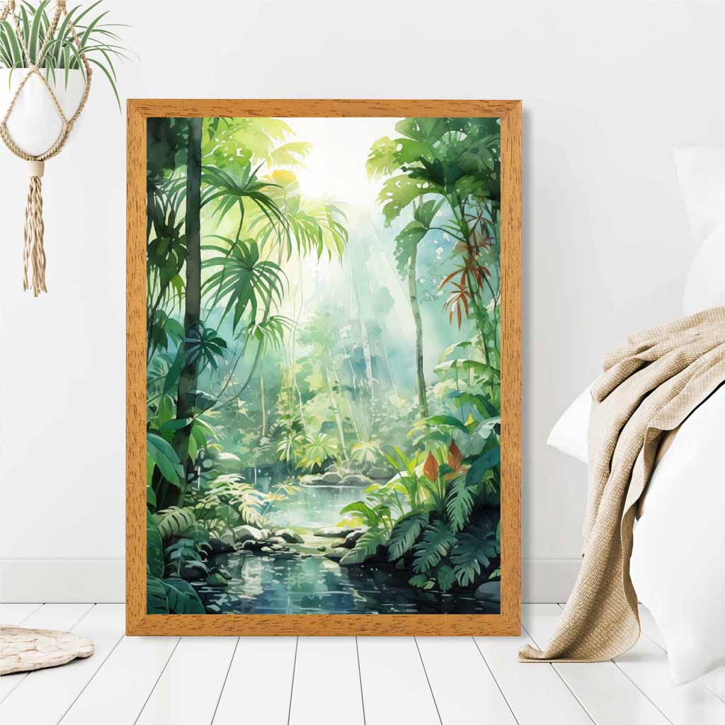 Modern Illustration Green, Blue Jungle Stream  Art Print | Wall Art Plaza