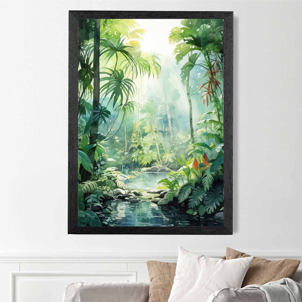 Modern Illustration Green, Blue Jungle Stream  Art Print | Wall Art Plaza