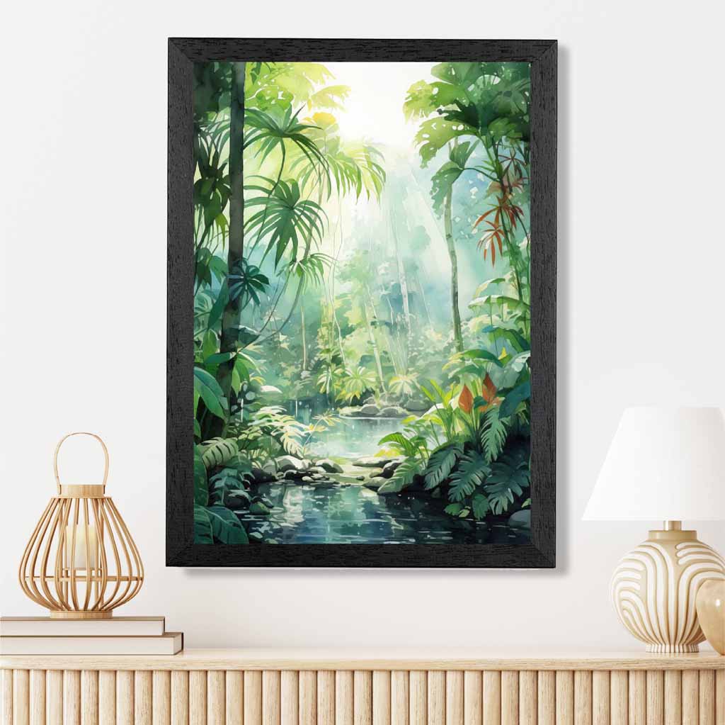 Modern Illustration Green, Blue Jungle Stream  Art Print | Wall Art Plaza