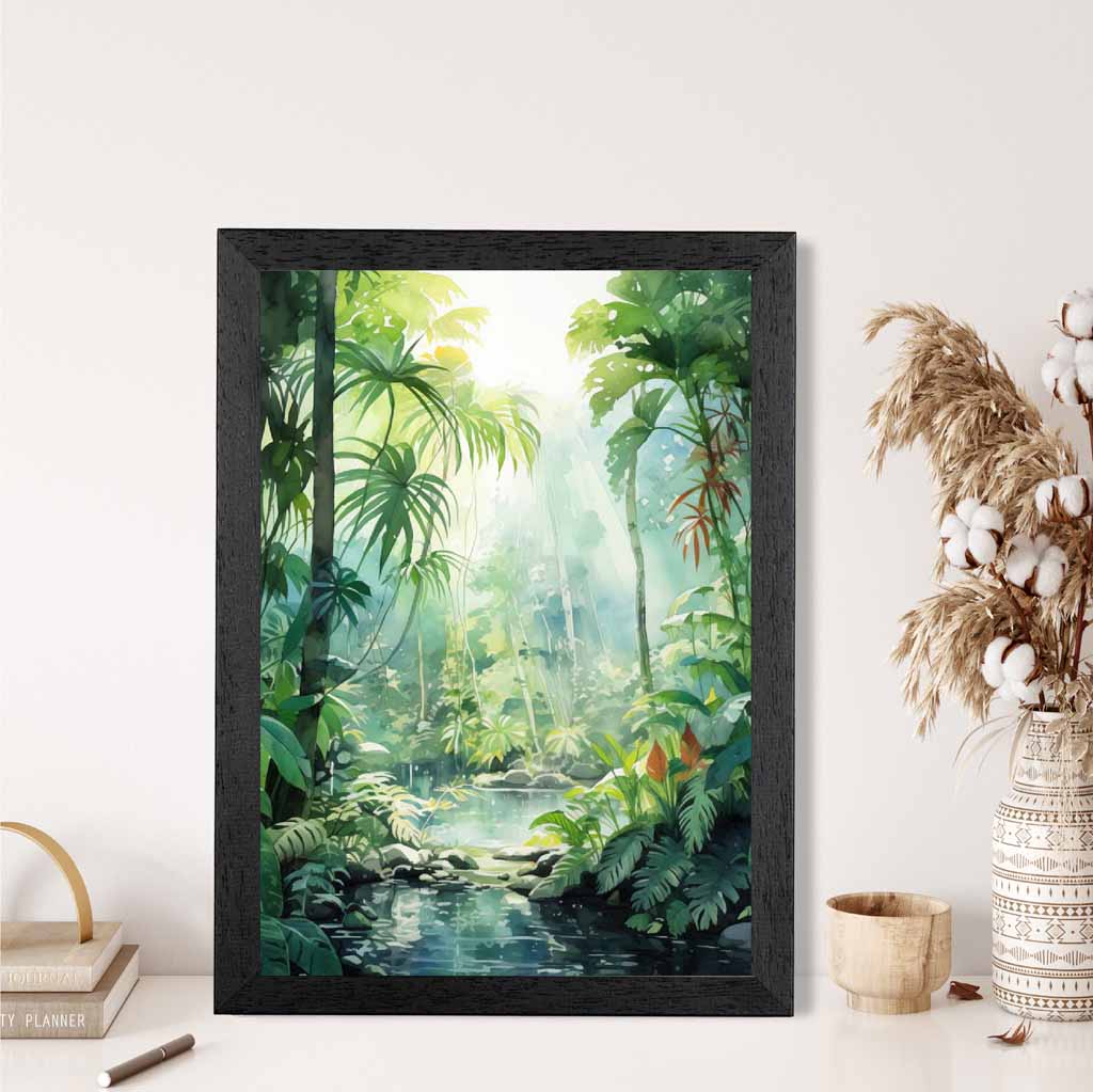 Modern Illustration Green, Blue Jungle Stream  Art Print | Wall Art Plaza