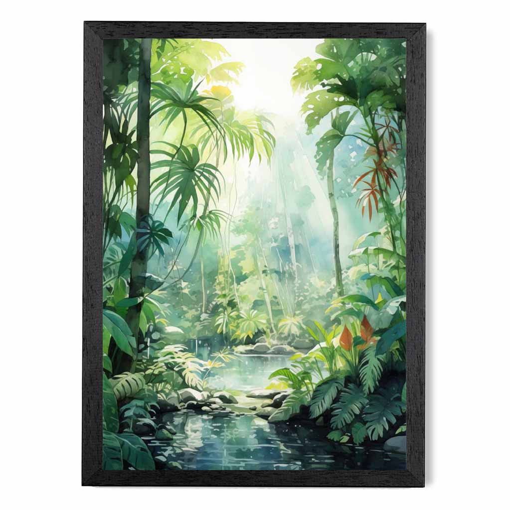 Modern Illustration Green, Blue Jungle Stream  Art Print | Wall Art Plaza