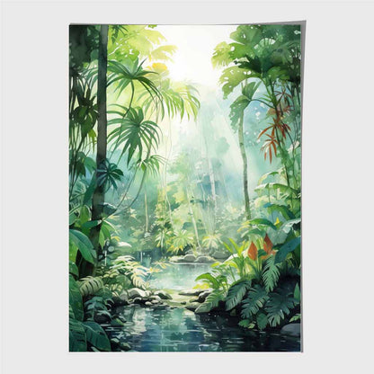 Modern Illustration Green, Blue Jungle Stream  Art Print | Wall Art Plaza