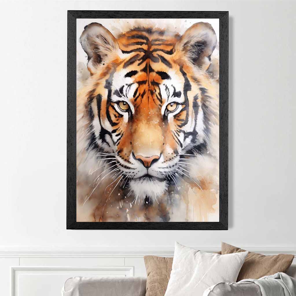 Modern Painted Black, Orange Tiger Face  Art Poster | Wall Art Plaza