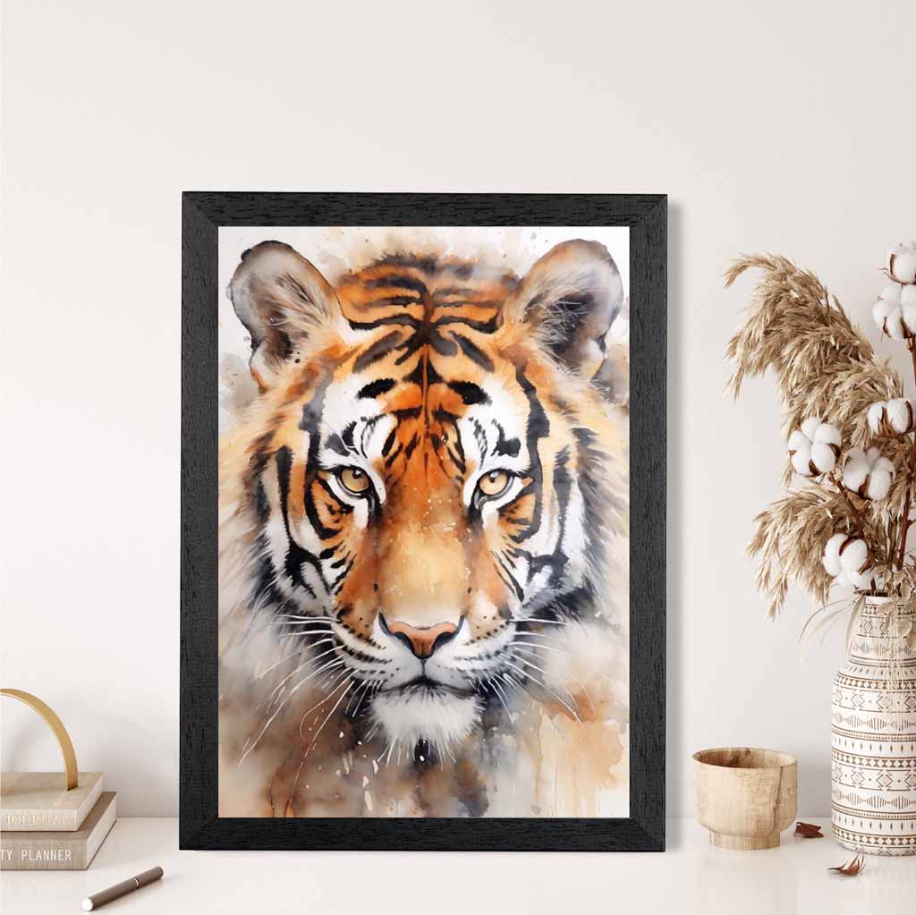 Modern Painted Black, Orange Tiger Face  Art Poster | Wall Art Plaza