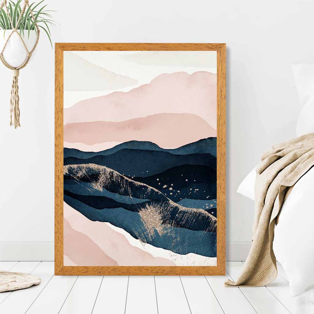 Abstract Painted Blue, Blush Pink Mountains No 3 Art Print | Wall Art Plaza