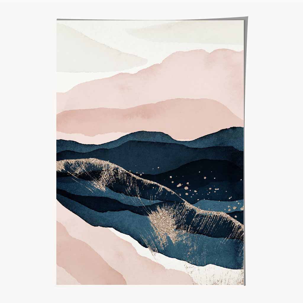 Abstract Painted Blue, Blush Pink Mountains No 3 Art Print | Wall Art Plaza