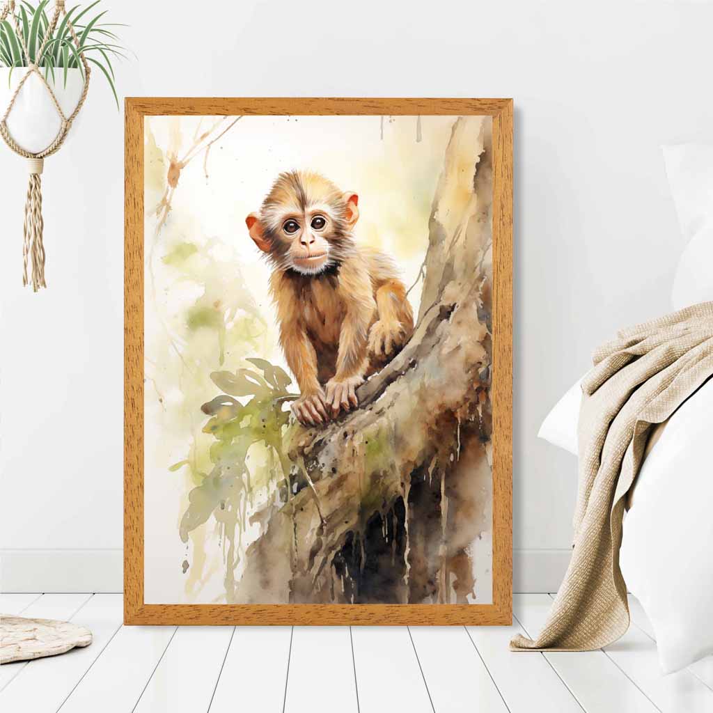 Modern Painted Beige, Green Baby Monkey  Art Print | Wall Art Plaza