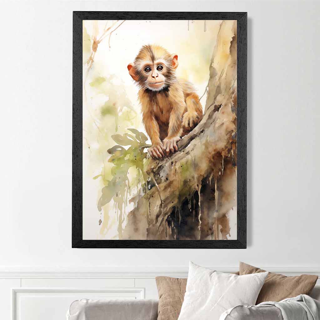 Modern Painted Beige, Green Baby Monkey  Art Print | Wall Art Plaza
