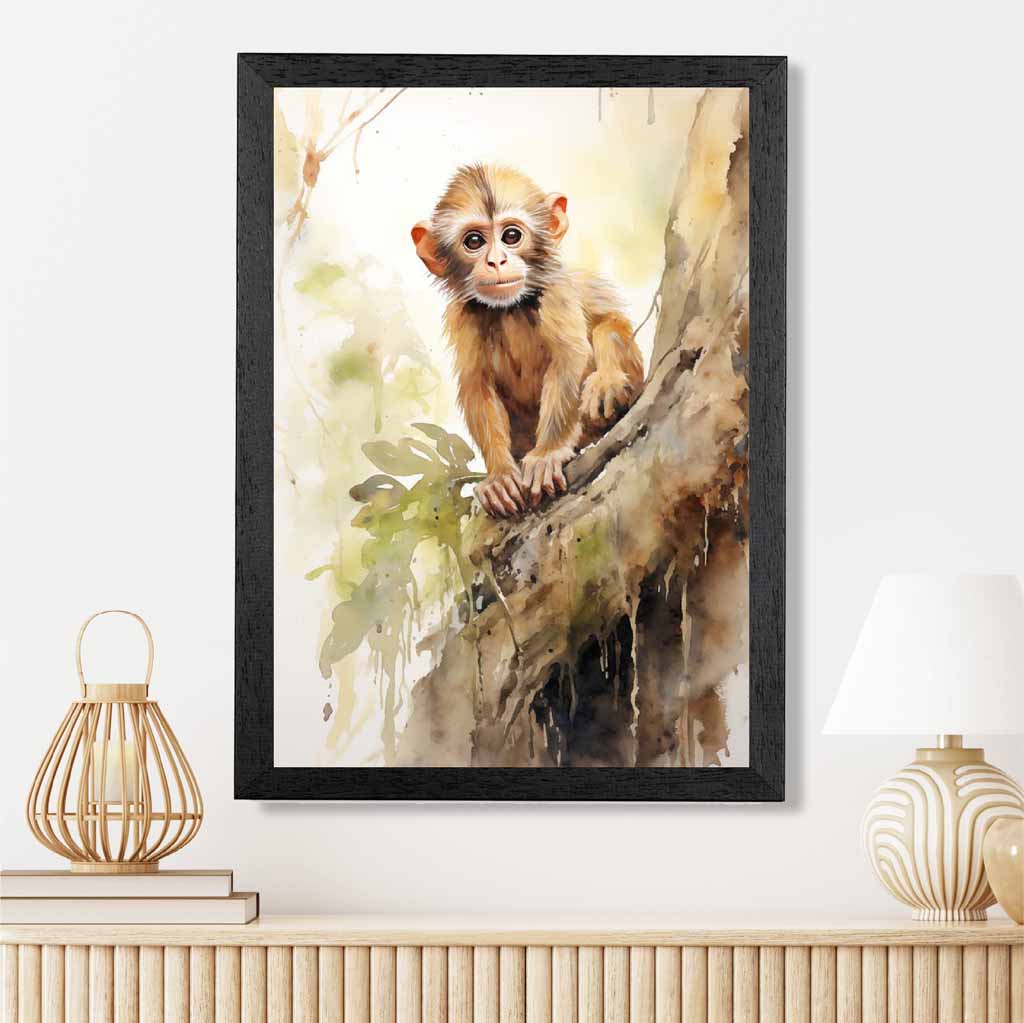 Modern Painted Beige, Green Baby Monkey  Art Print | Wall Art Plaza