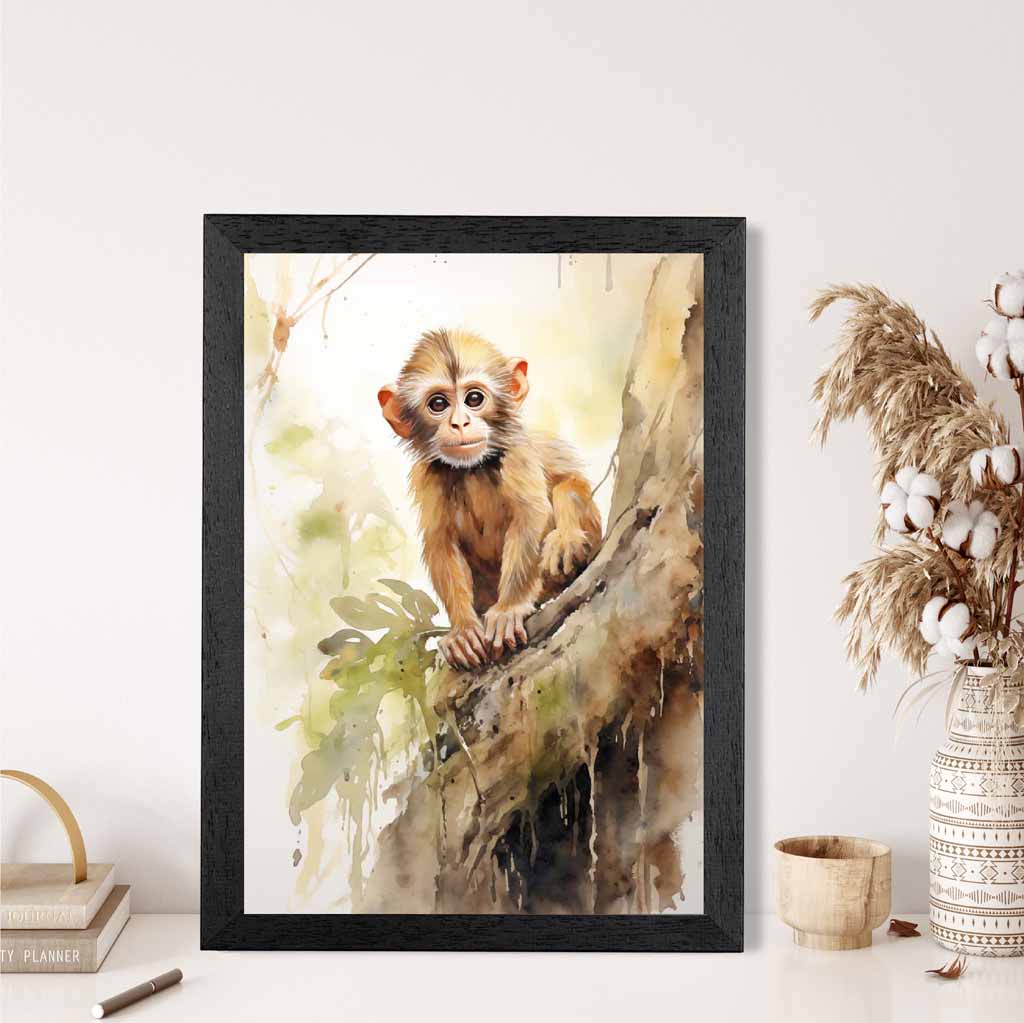 Modern Painted Beige, Green Baby Monkey  Art Print | Wall Art Plaza
