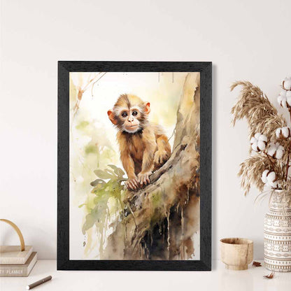 Modern Painted Beige, Green Baby Monkey  Art Print | Wall Art Plaza