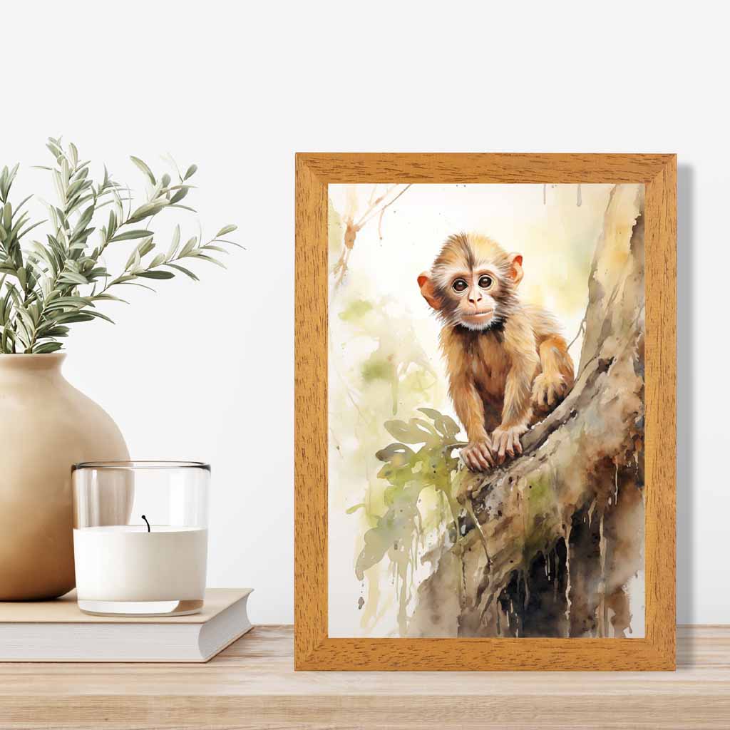 Modern Painted Beige, Green Baby Monkey  Art Print | Wall Art Plaza