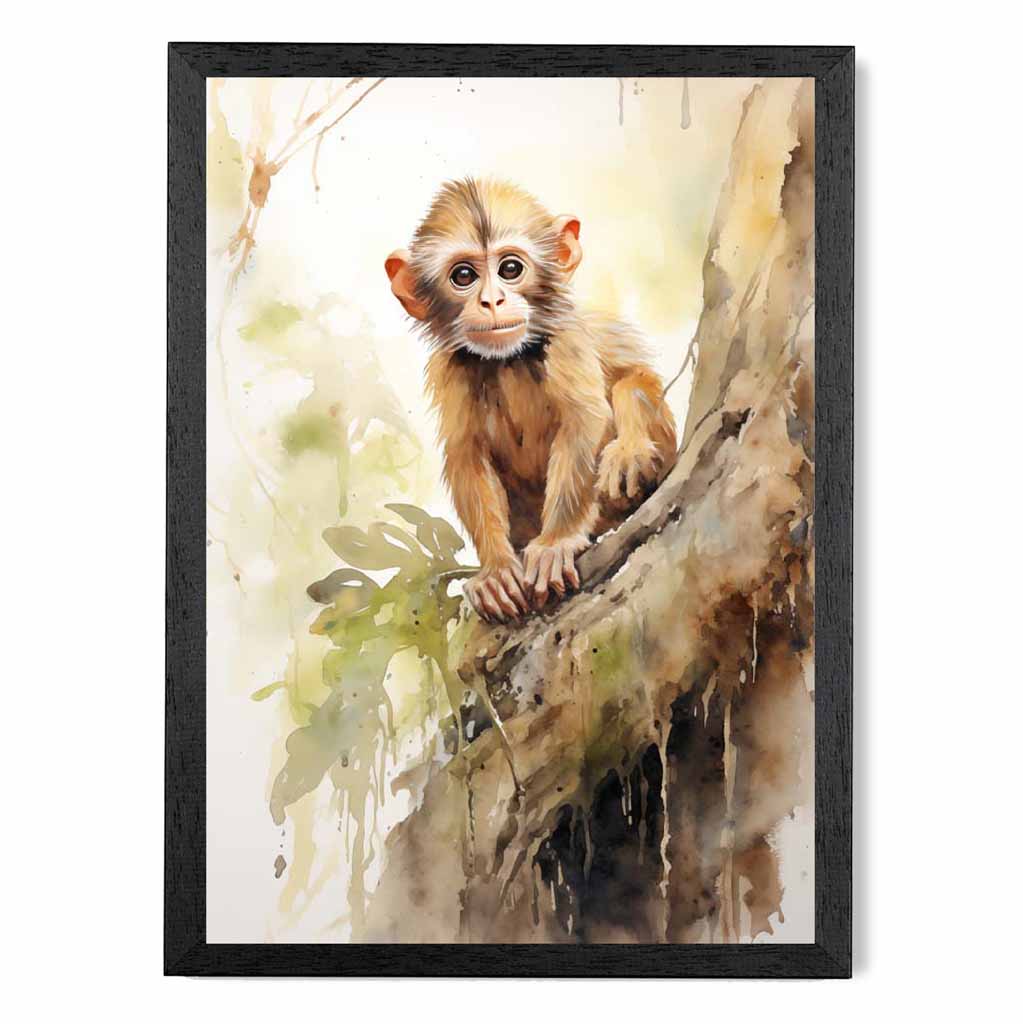 Modern Painted Beige, Green Baby Monkey  Art Print | Wall Art Plaza