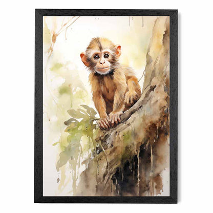 Modern Painted Beige, Green Baby Monkey  Art Print | Wall Art Plaza