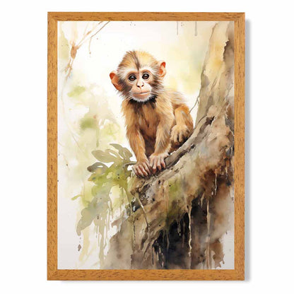 Modern Painted Beige, Green Baby Monkey  Art Print | Wall Art Plaza