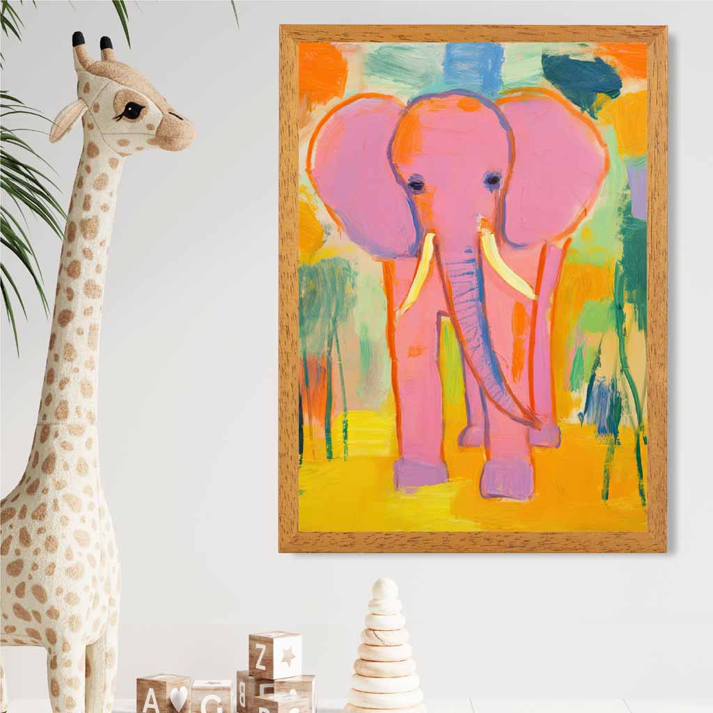 Kids Pink, Colourful Elephant Nursery Art Print | Wall Art Plaza