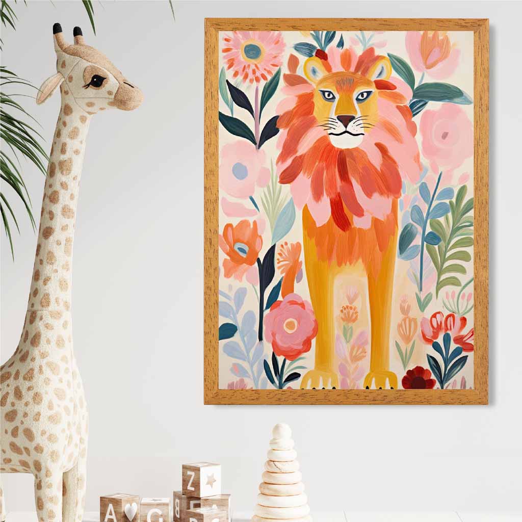 Modern Illustration Pink, Colourful Lion Nursery Art Print | Wall Art Plaza