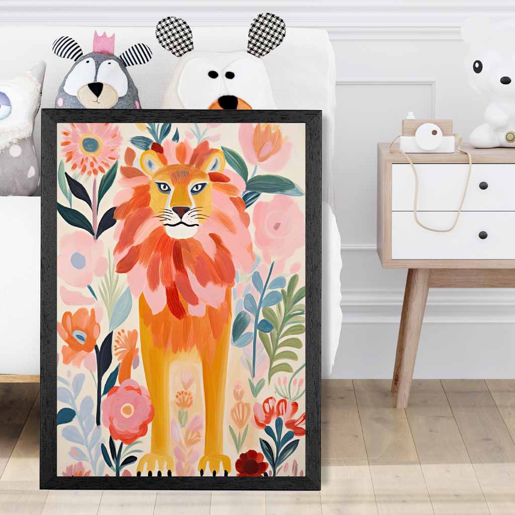 Modern Illustration Pink, Colourful Lion Nursery Art Print | Wall Art Plaza