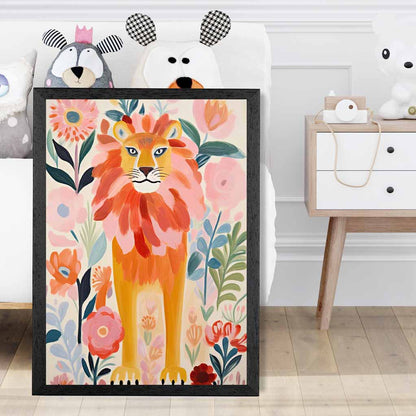 Modern Illustration Pink, Colourful Lion Nursery Art Print | Wall Art Plaza