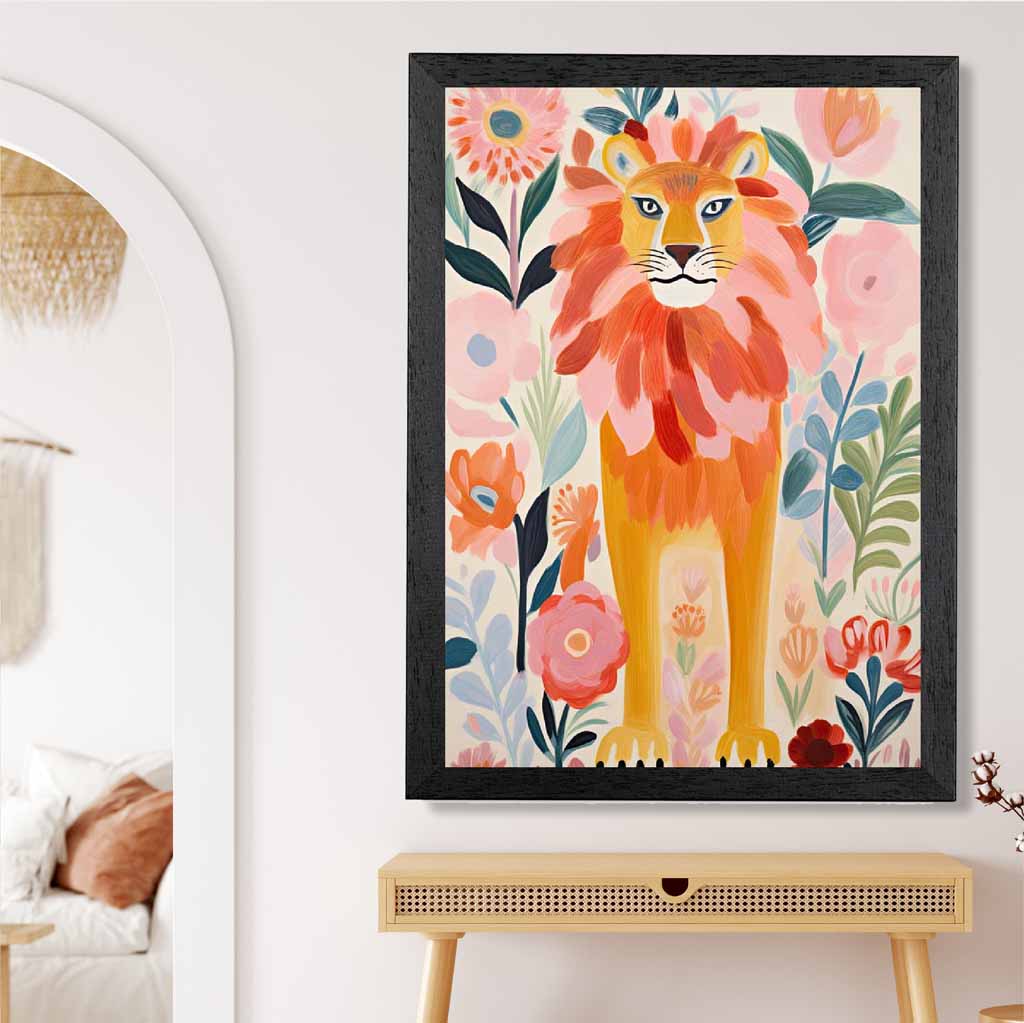 Modern Illustration Pink, Colourful Lion Nursery Art Print | Wall Art Plaza