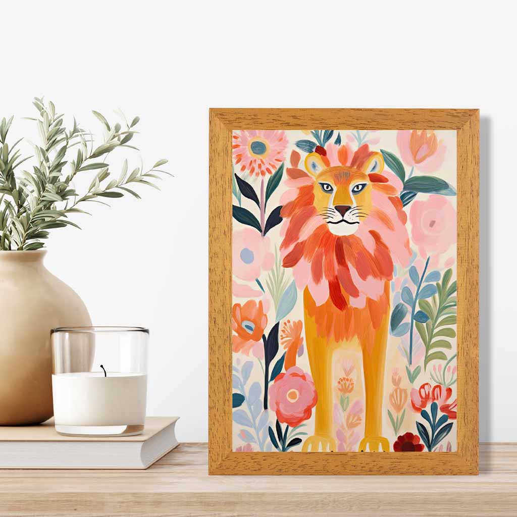 Modern Illustration Pink, Colourful Lion Nursery Art Print | Wall Art Plaza